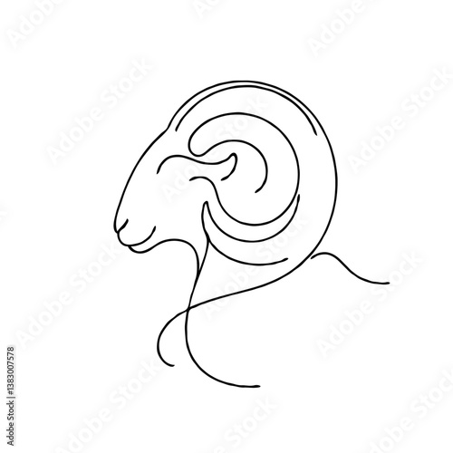 Minimalist line art of a ram's head - Aries zodiac sign.
