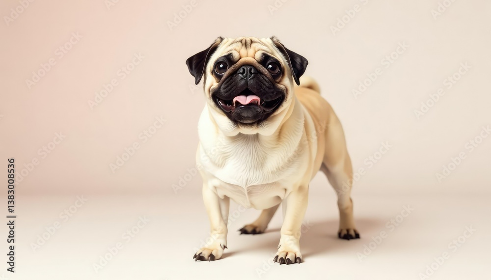 Obraz premium Solo pug against pure white backdrop, playful expression, funny,