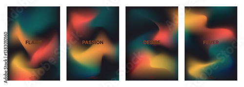 Abstract liquid gradient mesh background set with blended heading. Modern design template for covers, banners, posters, brochures, flyers, fashion, technology. Dark background. Vector illustration.