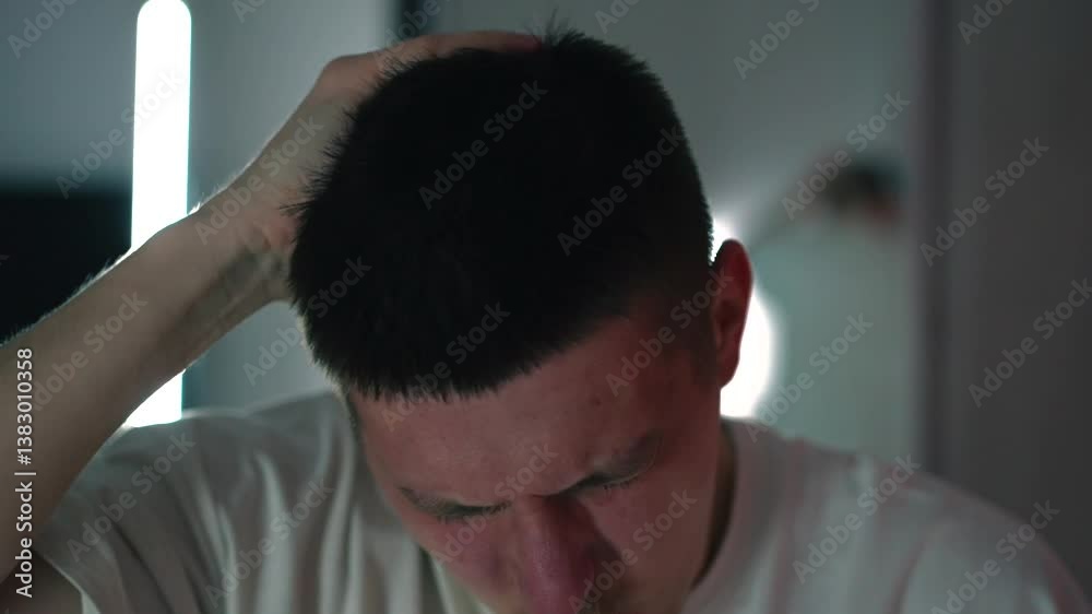 Un homme a un violent mal de tête.
L'homme souffre de graves migraines.
Un jeune homme se tient la tête avec ses mains à cause du stress et des maux de tête
