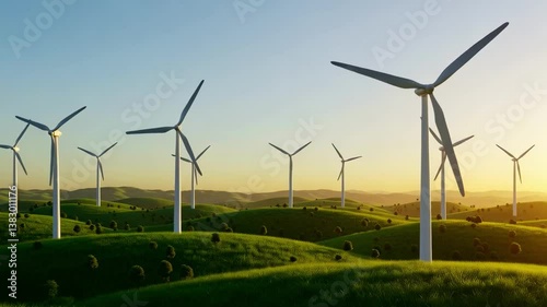 Wallpaper Mural Wind turbines generate renewable energy in vast green fields at sunrise Torontodigital.ca