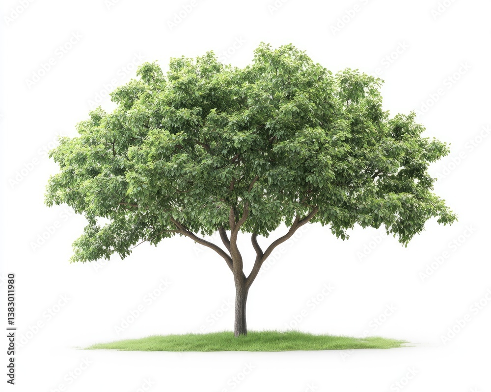 Isolated Tree on Grass Patch with Green Leaves and Strong Branches Isolated Tree on Grass Patch with Green Leaves and Strong Branches