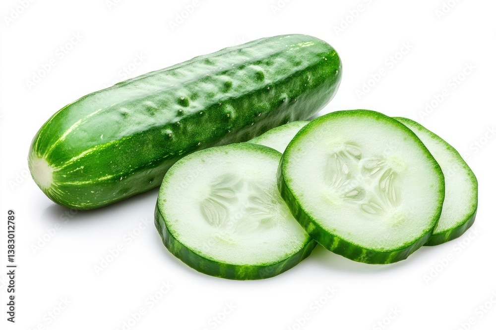 Fresh Green Cucumber with Sliced Pieces Isolated on White Background Fresh Green Cucumber with Sliced Pieces Isolated on White Background