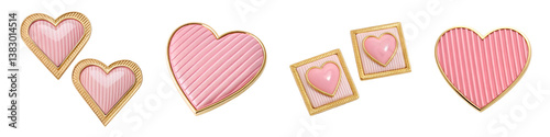 Pink heart with a gold frame isolated on a transparent background.