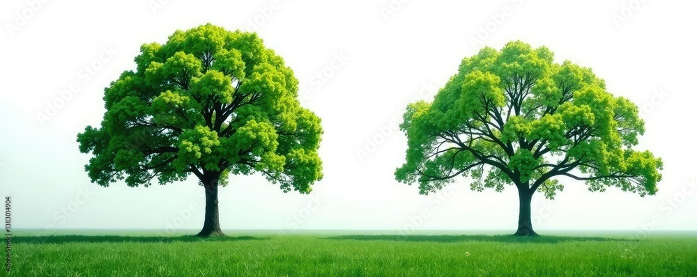 Fototapeta premium Branches of trees isolated on white background with slight fog, leaves, landscape, greenery