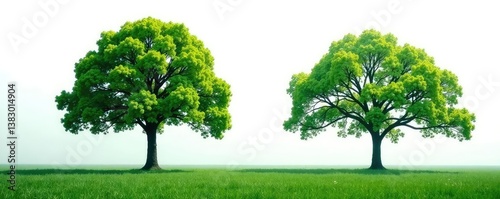 Branches of trees isolated on white background with slight fog, leaves, landscape, greenery