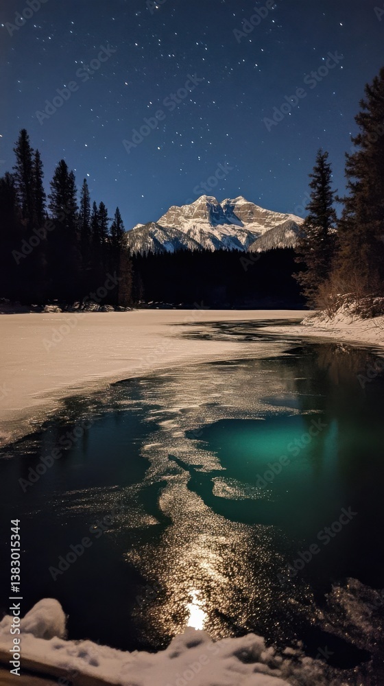 Aurora lights casting reflections on a frozen lake, serene scene. Vertical