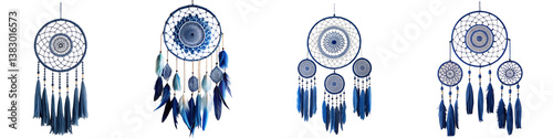 Reo elegant boho dreamcatchers in indigo colors isolated on a transparent background.