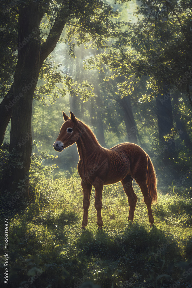 Fototapeta premium Innocent Majesty: A Young Horse's Heartfelt First Steps in Nature's Embrace