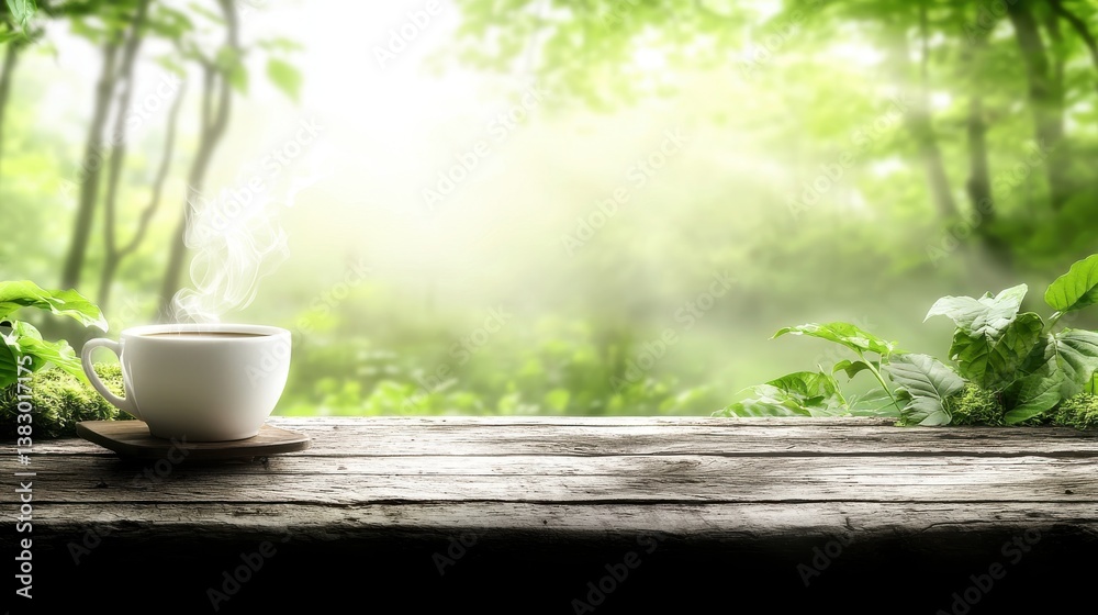 Serene forest landscape with lush foliage and sunlight filtering through the trees providing a tranquil setting for a relaxing morning coffee break on a rustic wooden table Serene forest landscape with lush foliage and sunlight filtering through the trees providing a tranquil setting for a relaxing morning coffee break on a rustic wooden table