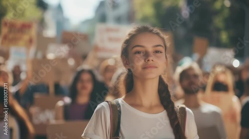 Confident young woman standing at the forefront of a protest march, holding a sign and advocating for social change with a determined crowd of supporters behind her
