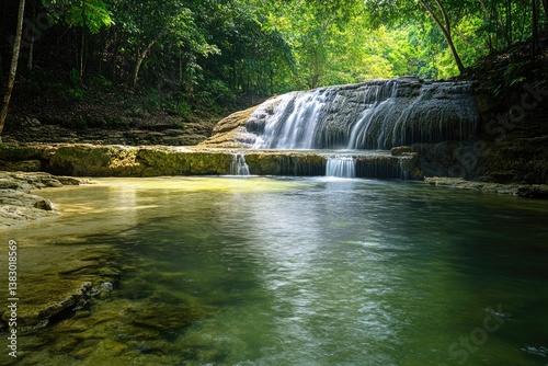 Tranquil waterfall cascading into a serene pool nestled within lush green forest photo