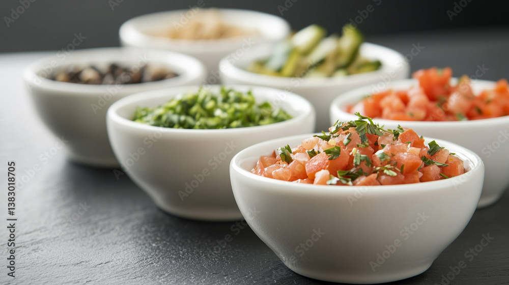 Chopped Vegetables in Bowls Ready for Cooking in Kitchen Chopped Vegetables in Bowls Ready for Cooking in Kitchen