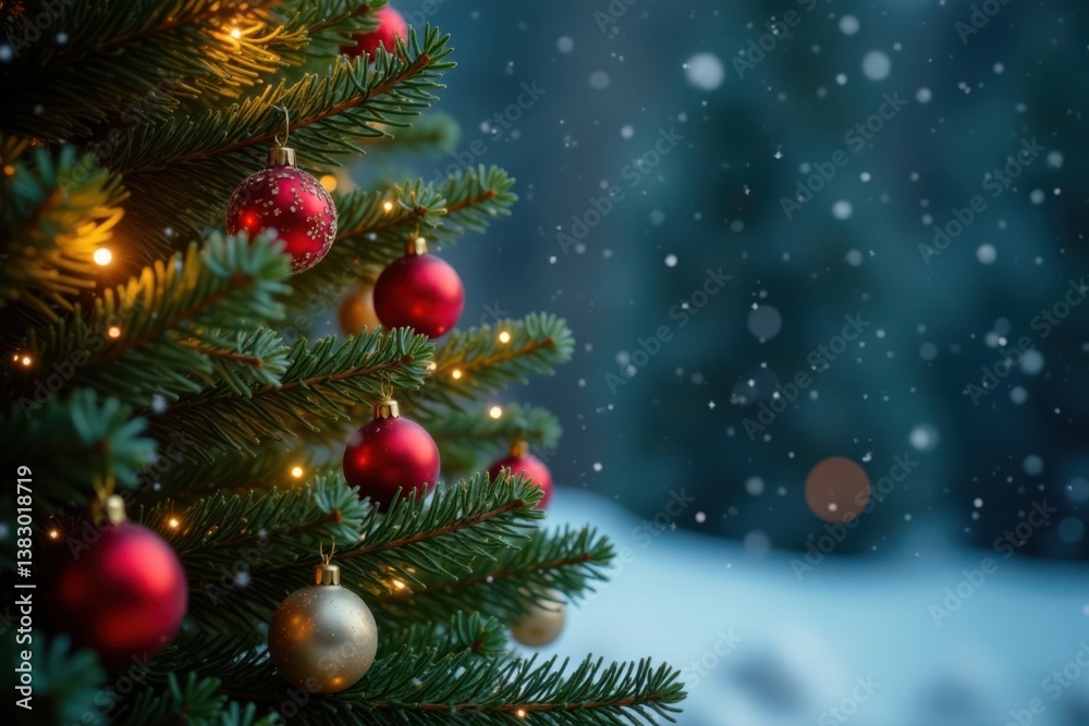 Evergreen tree with lights and ornaments in a cozy winter background, cozy room, winter wonderland