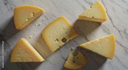 A top down view of several pieces of cheese on a marble surface in a well lit environment