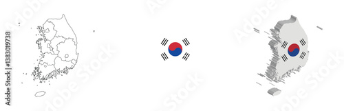 South Korea outline, fill with flag and 3d map
