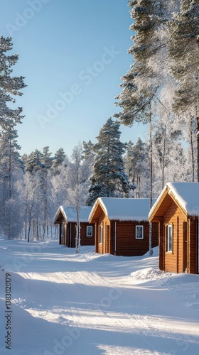 Obraz na płótnie Winter landscape shows snowy wooden cabins set in a serene, frosty scene. Vertical. w salonie