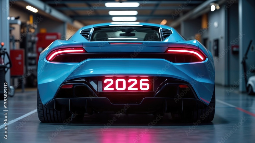 Obraz premium 2026 sign on Modern sports car showcasing futuristic design in a workshop 
