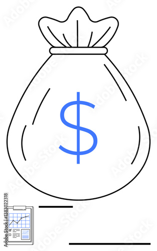 Large money bag with dollar sign symbolizing wealth near clipboard with financial report. Ideal for finance, budgeting, investment, economy, banking, profits, accounting. Flat simple metaphor