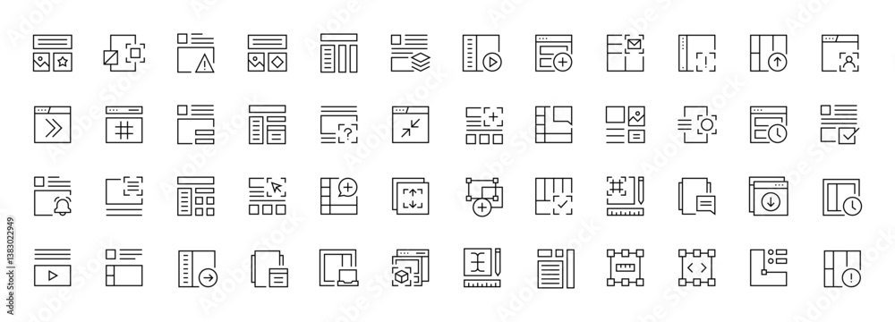 Layout icon collection. Grid icon set. User interface icons, sidebar, layout, grid system, toolbar, wireframe, alignment guide, configuration and more. Editable stroke. Pixel Perfect. Layout icon collection. Grid icon set. User interface icons, sidebar, layout, grid system, toolbar, wireframe, alignment guide, configuration and more. Editable stroke. Pixel Perfect.