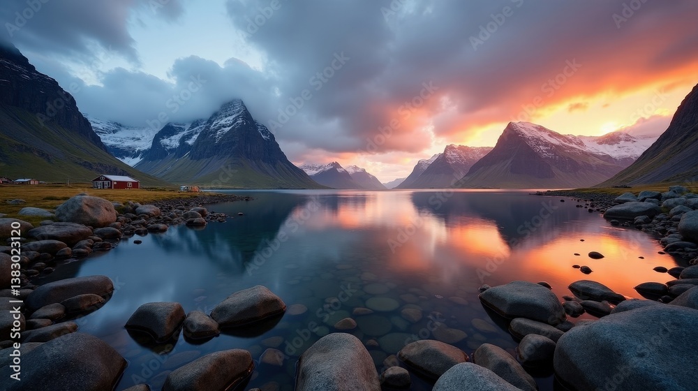 Obraz premium Serene landscape in Norway during dawn, featuring cloudy skies, captured from a panoramic perspective.