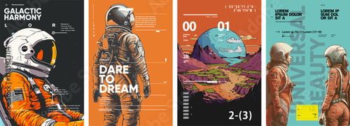 A series of bold and futuristic space exploration posters featuring astronauts, alien landscapes, and cosmic visuals. Promotes adventure, discovery, and technological innovation through striking.
