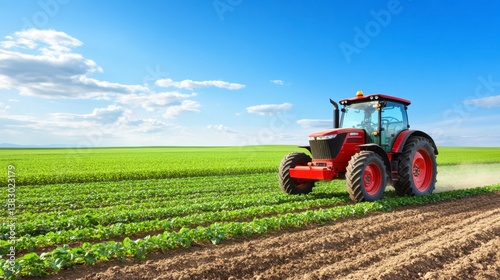 Red tractor working a vibrant green field under a bright blue sky.