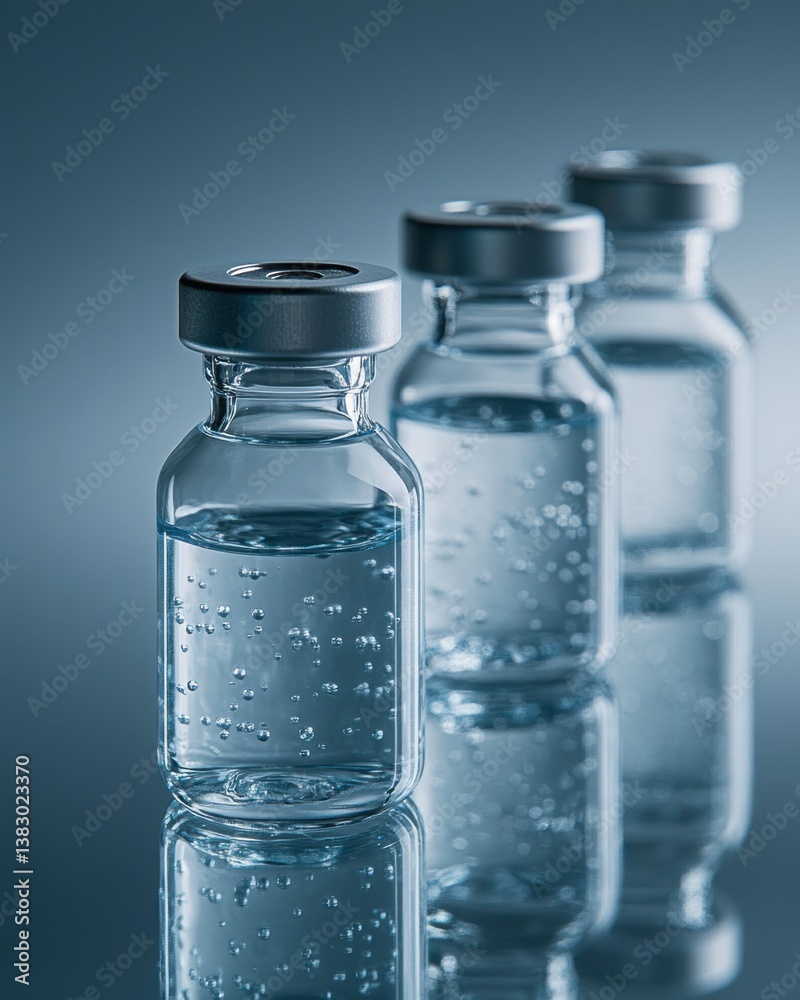 Three glass vials filled with clear liquid and tiny bubbles on a reflective surface in a medical concept and pharmaceutical research in a studio shot Three glass vials filled with clear liquid and tiny bubbles on a reflective surface in a medical concept and pharmaceutical research in a studio shot