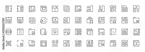 Layout icon collection. Grid icon set. User interface icons, sidebar, layout, grid system, toolbar, wireframe, alignment guide, configuration and more. Editable stroke. Pixel Perfect.