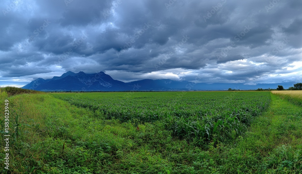 Lush green cornfield stretches towards a mountain range under a dramatic sky Lush green cornfield stretches towards a mountain range under a dramatic sky