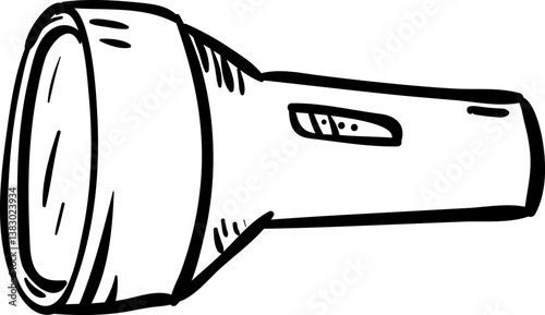 Handdrawn flashlight doodle icon. Hand drawn black sketch. Sign cartoon symbol. Decoration element. White background. Isolated. Flat design. Vector illustration