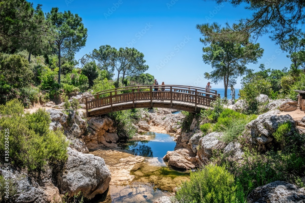 Wooden bridge over a tranquil stream in a lush park. Tourists enjoying the scenery Wooden bridge over a tranquil stream in a lush park. Tourists enjoying the scenery