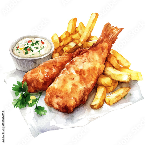 A watercolor painting of fish and chips, isolated on a white background. Fish and chips vector

