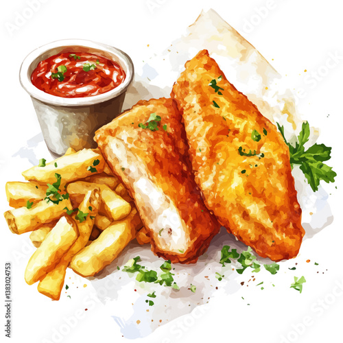 A watercolor painting of fish and chips, isolated on a white background. Fish and chips vector

