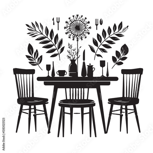 Black Color Dining Chairs Silhouette Vector Illustration, Solid White Background