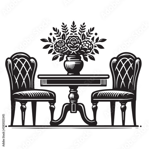 Black Color Dining Chairs Silhouette Vector Illustration, Solid White Background