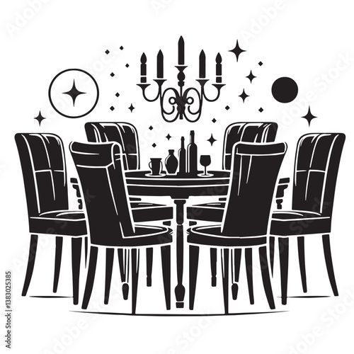 Black Color Dining Chairs Silhouette Vector Illustration, Solid White Background