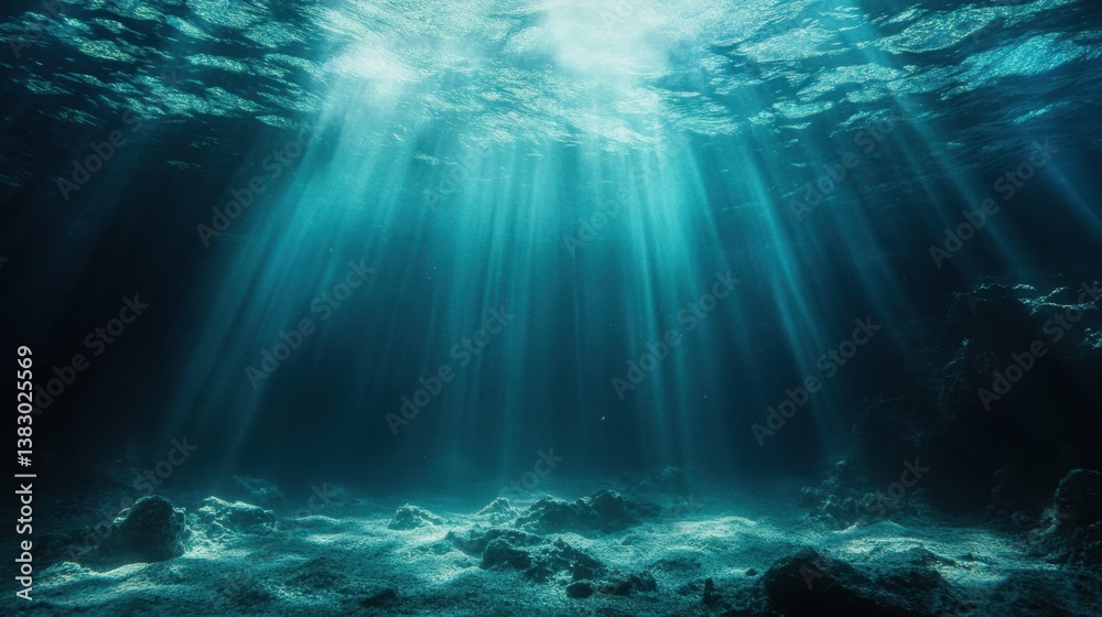 A deep underwater scene with rays of sunlight filtering through. A deep underwater scene with rays of sunlight filtering through.