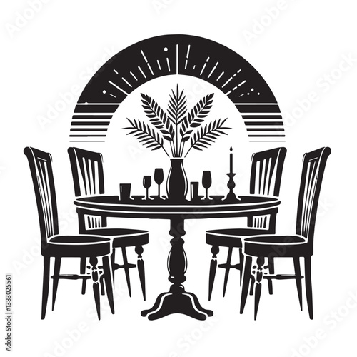 Black Color Dining Chairs Silhouette Vector Illustration, Solid White Background