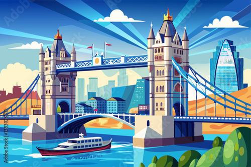 Tower Bridge over Thames river famous tourist landmark with cruise in river transportation for travel in center city of London, UK, United Kingdom, British or England in summer with clear blue 
