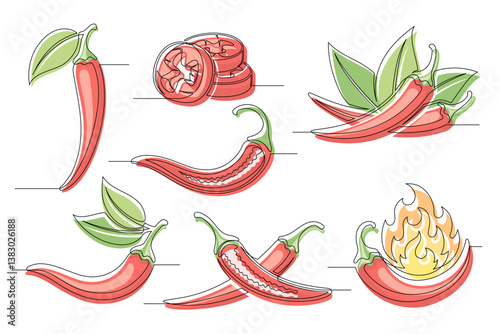 Chili pepper red continuous one line drawing set. Outline chili pepper vegetable icon collections isolated on a white background. Editable stroke. Vector illustration