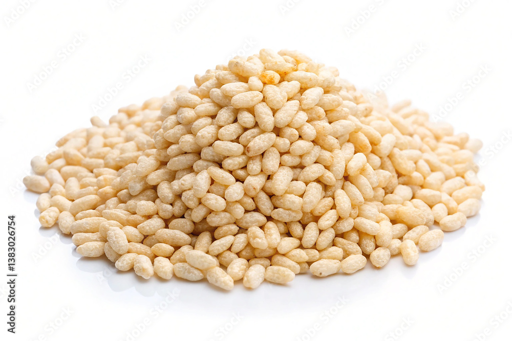 Crispy Puffed Rice – Small, Elongated, and Slightly Curved Grains Arranged on a White Background Crispy Puffed Rice – Small, Elongated, and Slightly Curved Grains Arranged on a White Background
