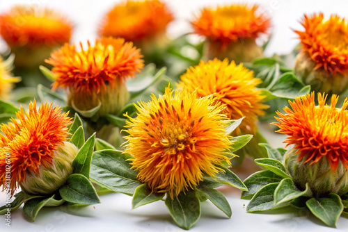 Detailed View of Safflowers – Vivid, Thin, Spiky Petals with a Warm Hue on a White Background photo