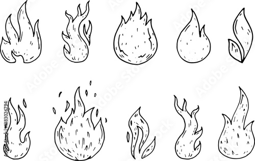 Hand Drawn fire icons doodles set. Sketch style icons. Decoration element. Isolated on white background. Flat design. Vector illustration