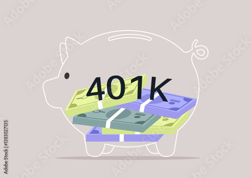 A piggy bank filled with colorful stacks of currency represent the importance of saving for retirement through 401k plans