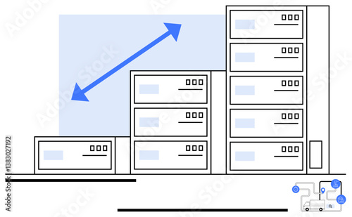 Server racks of varying sizes aligned to represent scalability with diagonal growth arrow and small connected circuit. Ideal for technology, growth, infrastructure, scalability, IT management