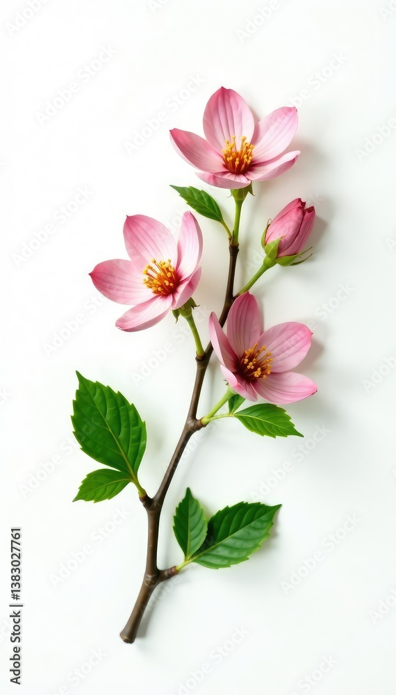 Obraz premium A single branch with leaves and flowers on a white background, simplicity, texture, foliage