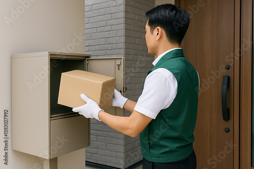 宅配業者が宅配ボックスに荷物を入れる