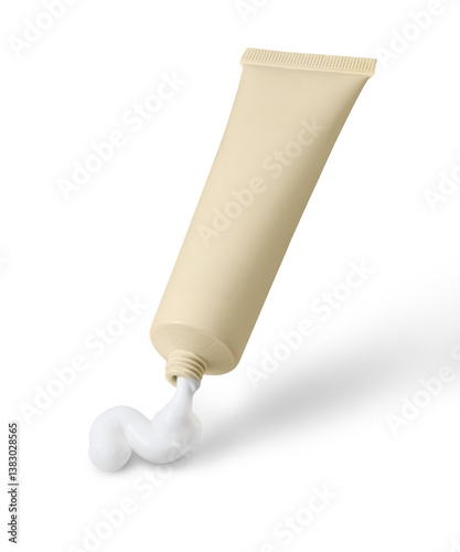 Cosmetic cream tube of flash color with white product squeezed on white background