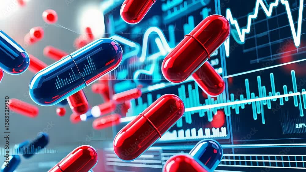 Red and blue medical capsules floating in front of digital health charts and futuristic data graphs in a virtual space

